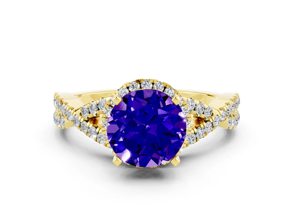 Yellow gold Round Cut Tanzanite  Halo Twist Band Solitaire Prong Setting Ring