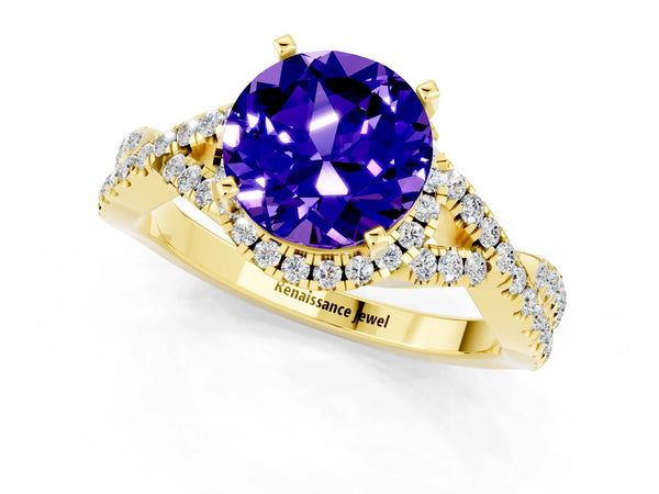 Yellow gold Round Cut Tanzanite  Halo Twist Band Solitaire Prong Setting Ring
