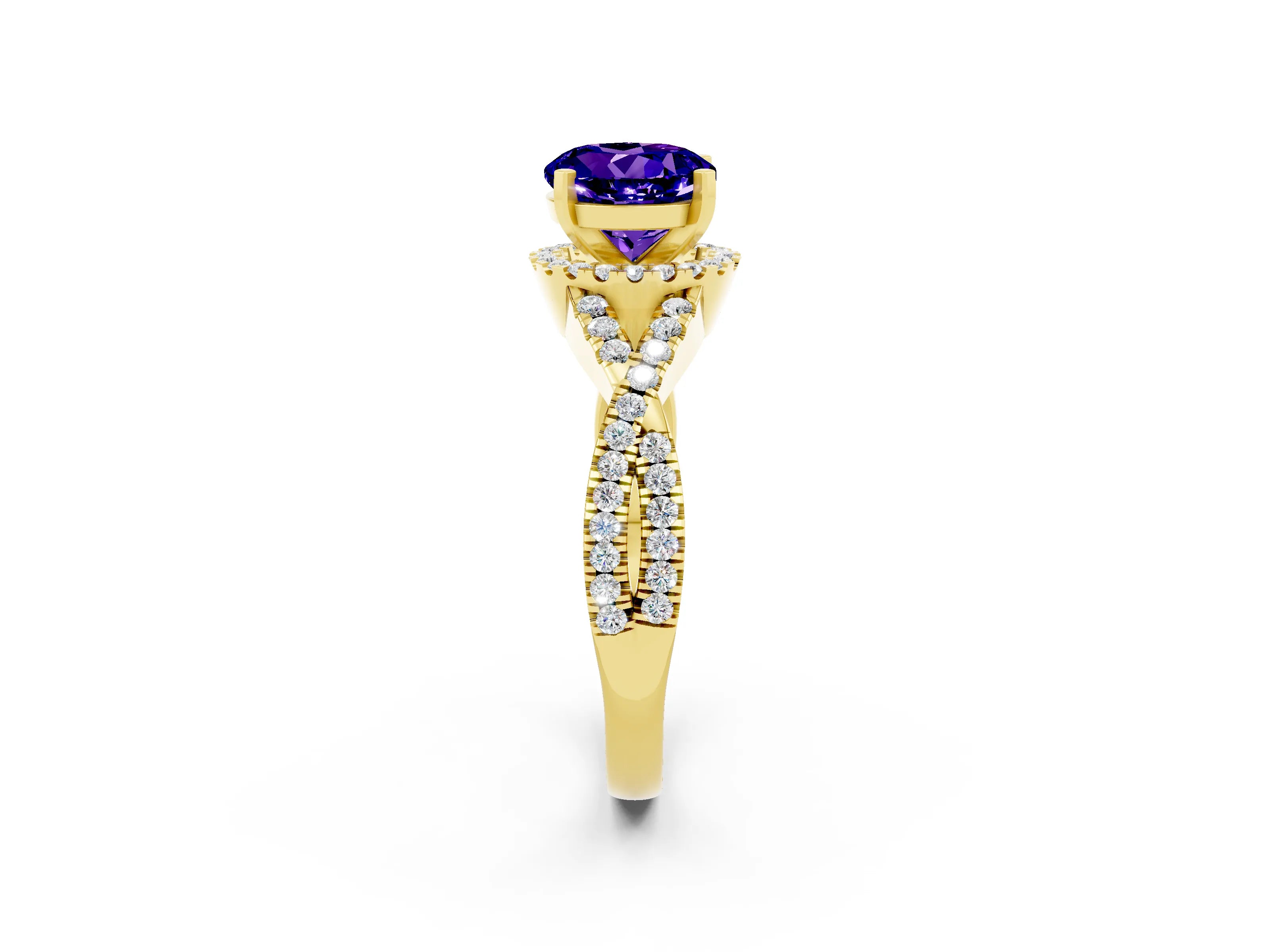 Yellow gold Round Cut Tanzanite Halo Twist Band Solitaire Prong Setting Ring_2