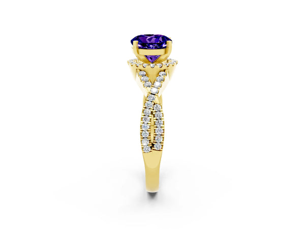 Yellow gold Round Cut Tanzanite  Halo Twist Band Solitaire Prong Setting Ring