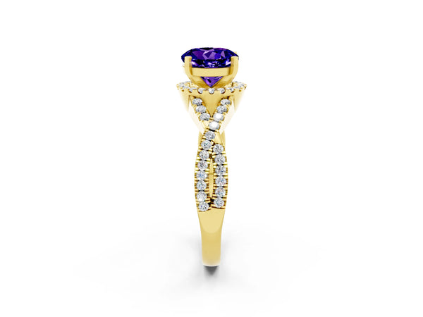 Yellow gold Round Cut Tanzanite  Halo Twist Band Solitaire Prong Setting Ring