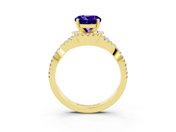 Yellow gold Round Cut Tanzanite  Halo Twist Band Solitaire Prong Setting Ring
