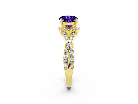 Yellow gold Round Cut Tanzanite Halo Twist Band Solitaire Prong Setting Ring_2