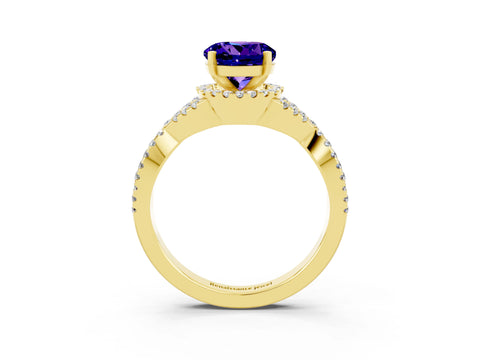Yellow gold Round Cut Tanzanite Halo Twist Band Solitaire Prong Setting Ring_3