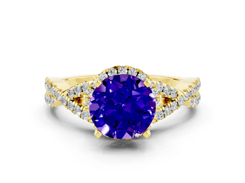 Yellow gold Round Cut Tanzanite Halo Twist Band Solitaire Prong Setting Ring