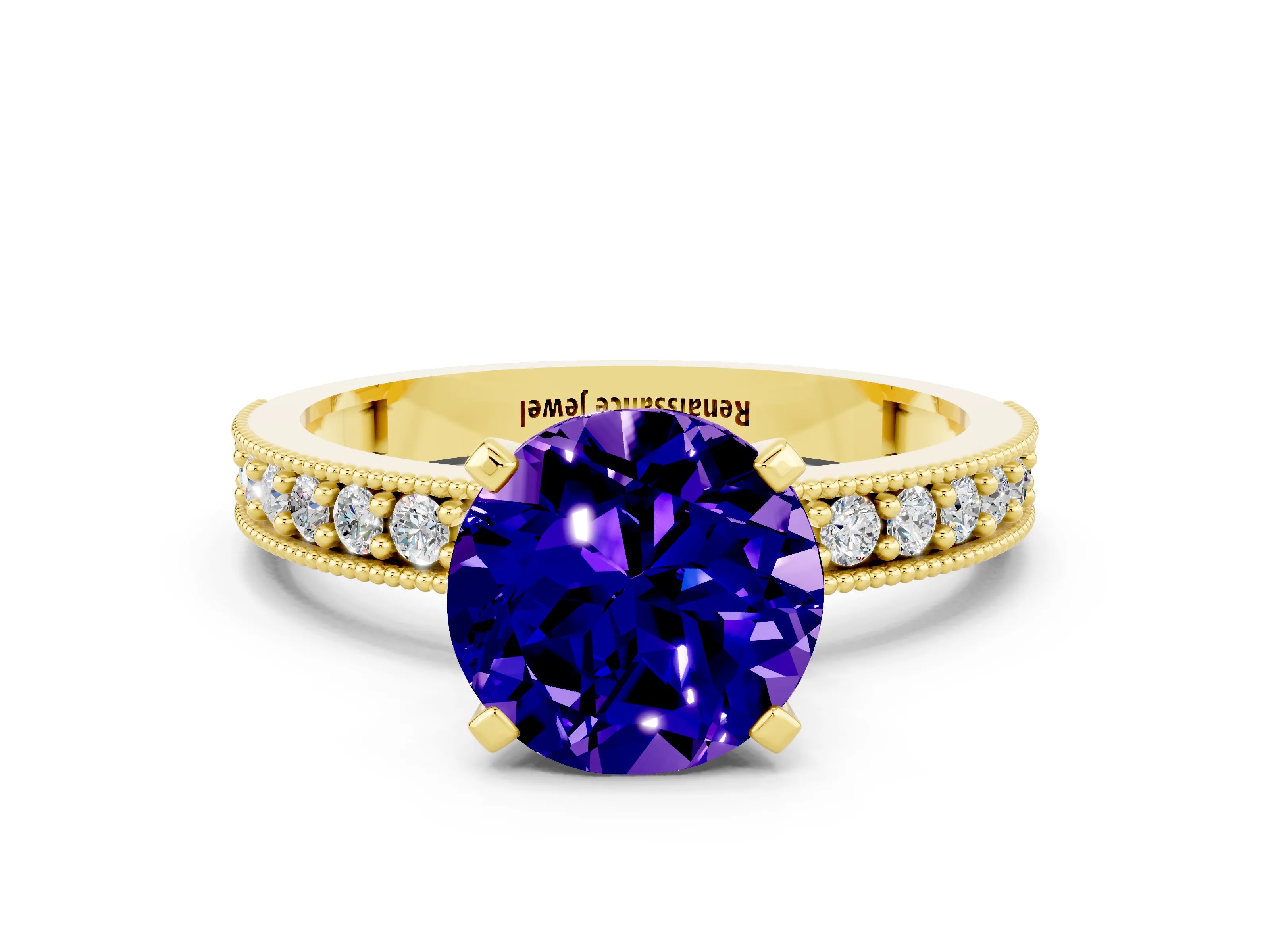 Yellow gold Round Cut Tanzanite Milgrain Pavé Engagement Ring with Four-Prong Setting