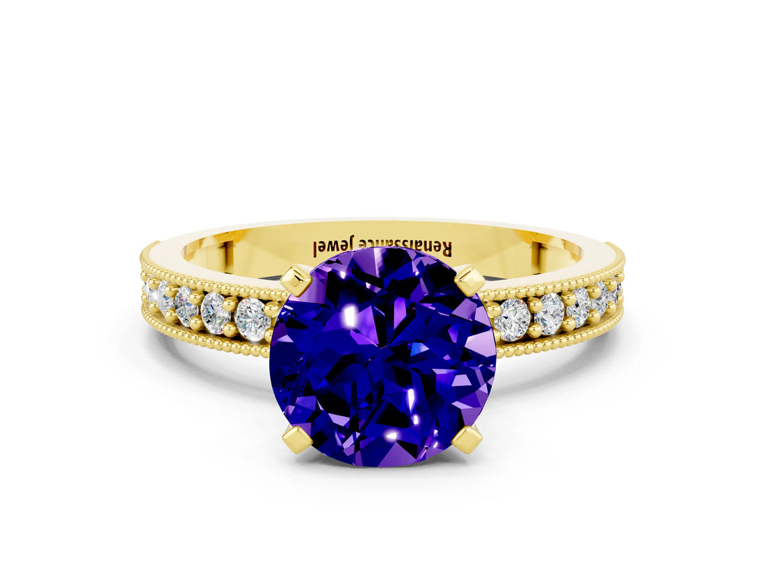 Yellow gold Round Cut Tanzanite Milgrain Pavé Engagement Ring with Four-Prong Setting