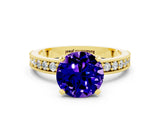 Yellow gold Round Cut Tanzanite Milgrain Pavé Engagement Ring with Four-Prong Setting