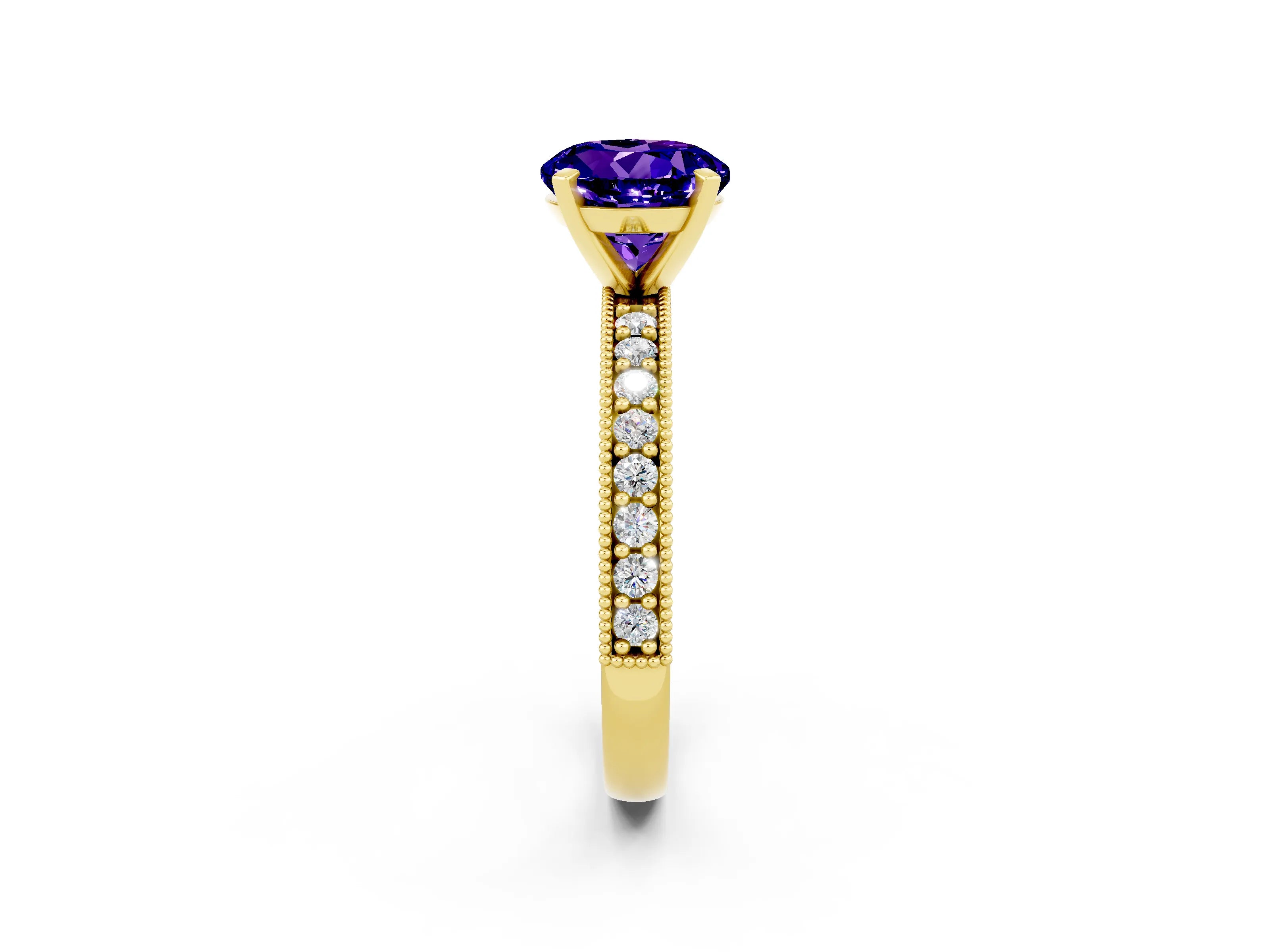 Yellow gold Round Cut Tanzanite Milgrain Pavé Engagement Ring with Four-Prong Setting_2