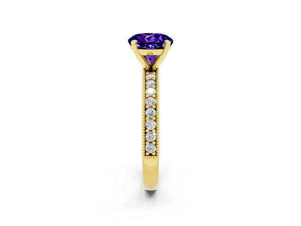 Yellow gold Round Cut Tanzanite Milgrain Pavé Engagement Ring with Four-Prong Setting