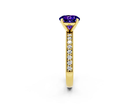 Yellow gold Round Cut Tanzanite Milgrain Pavé Engagement Ring with Four-Prong Setting_2