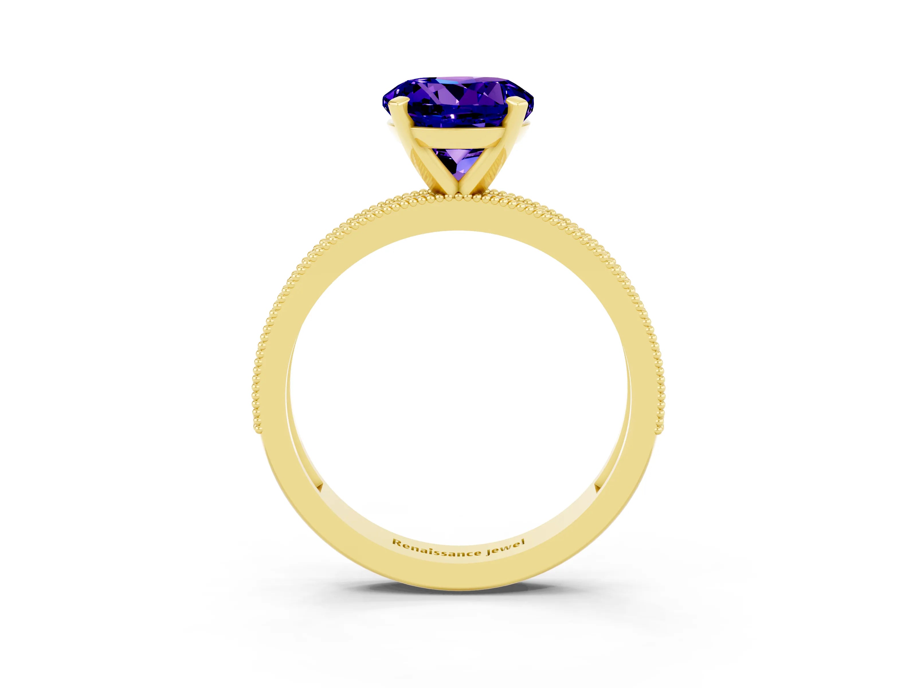 Yellow gold Round Cut Tanzanite Milgrain Pavé Engagement Ring with Four-Prong Setting_3