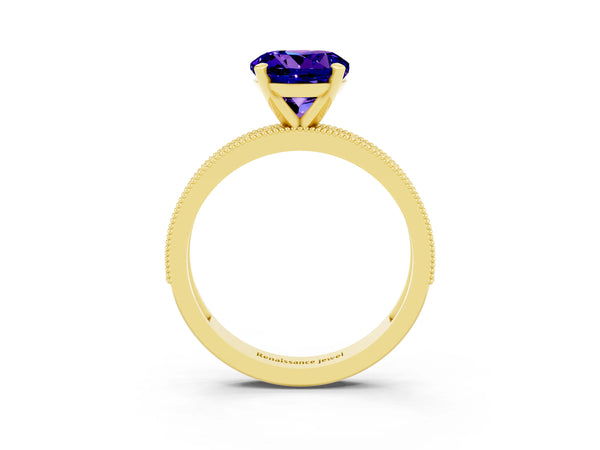 Yellow gold Round Cut Tanzanite Milgrain Pavé Engagement Ring with Four-Prong Setting