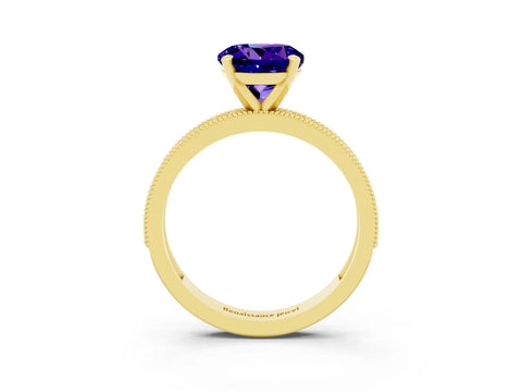 Yellow gold Round Cut Tanzanite Milgrain Pavé Engagement Ring with Four-Prong Setting_3