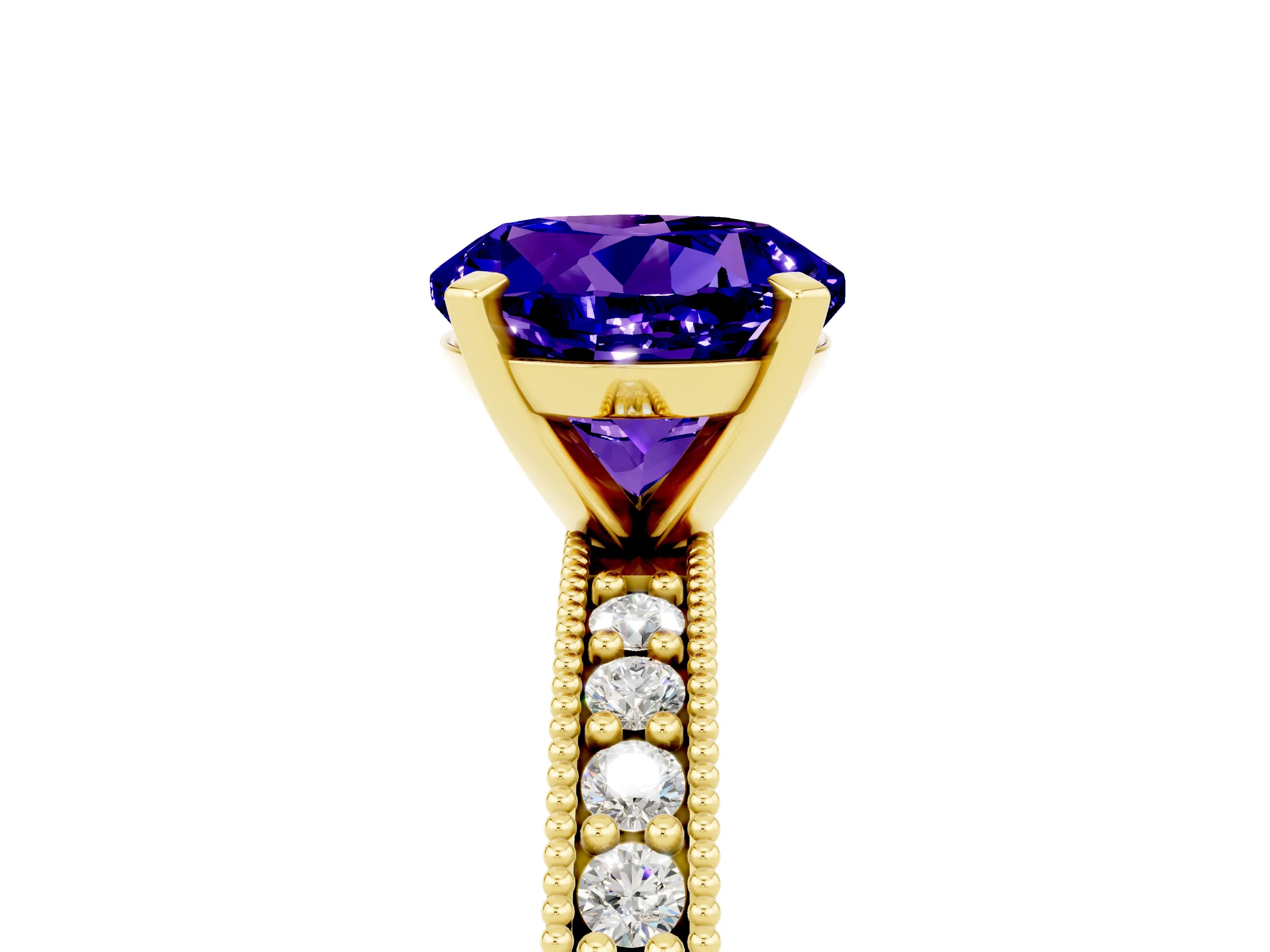 Yellow gold Round Cut Tanzanite Milgrain Pavé Engagement Ring with Four-Prong Setting_5