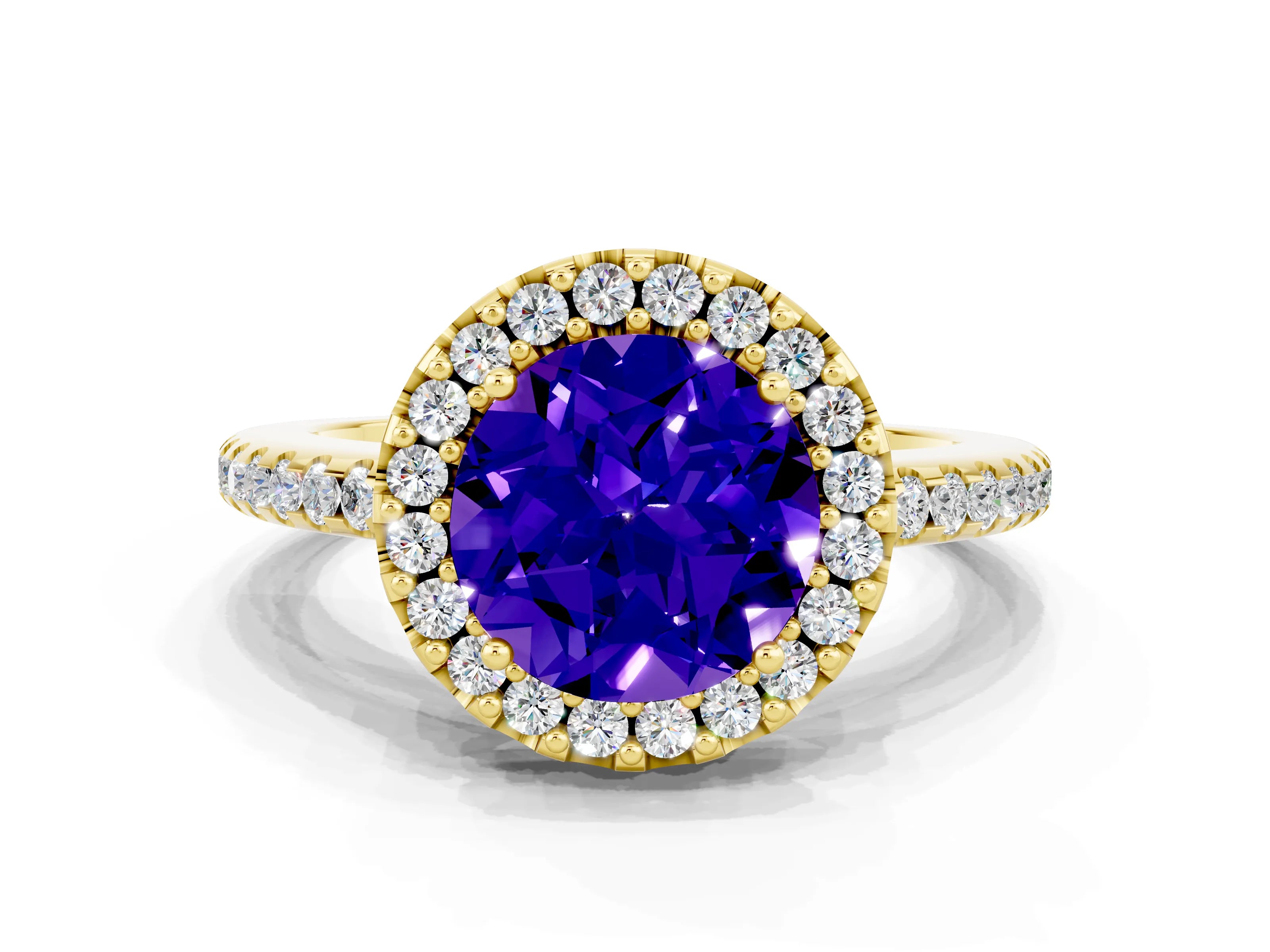 Yellow gold Round Cut Tanzanite Pavé Halo Ring with Four-Prong Setting_12