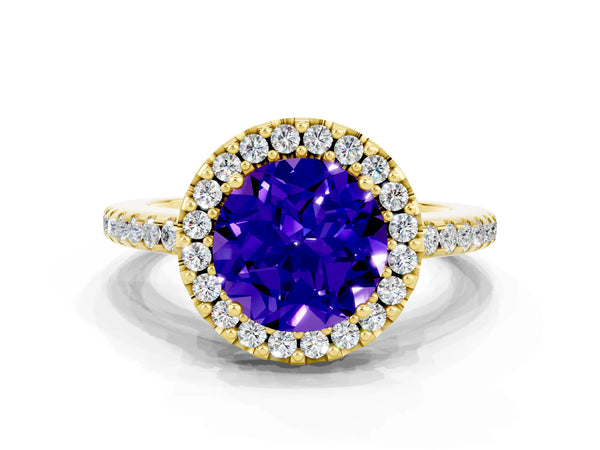 Yellow gold Round Cut Tanzanite Pavé Halo Ring with Four-Prong Setting