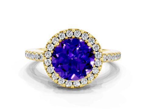 Yellow gold Round Cut Tanzanite Pavé Halo Ring with Four-Prong Setting_12