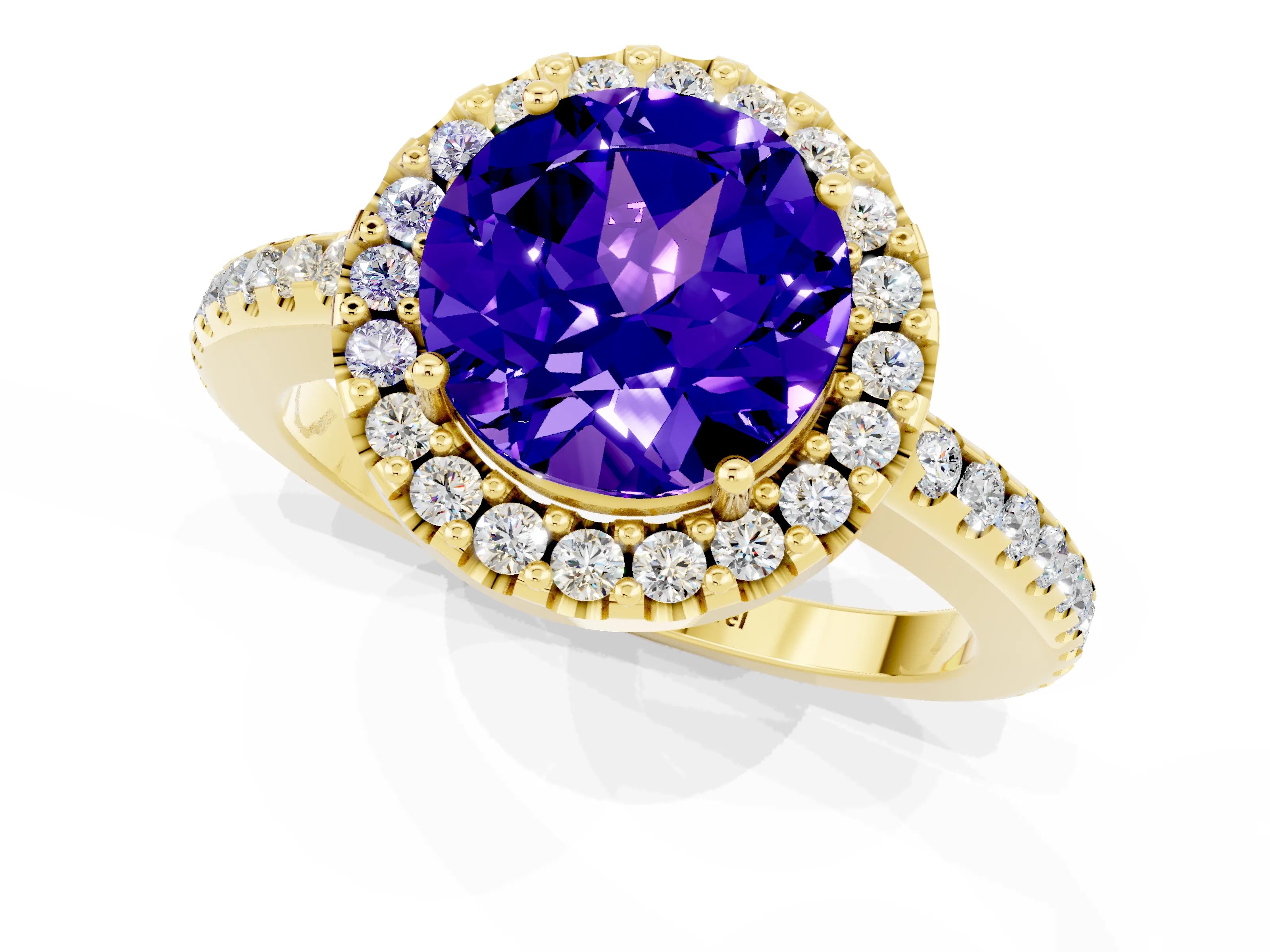 Yellow gold Round Cut Tanzanite Pavé Halo Ring with Four-Prong Setting_13