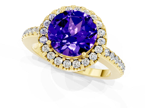 Yellow gold Round Cut Tanzanite Pavé Halo Ring with Four-Prong Setting_13