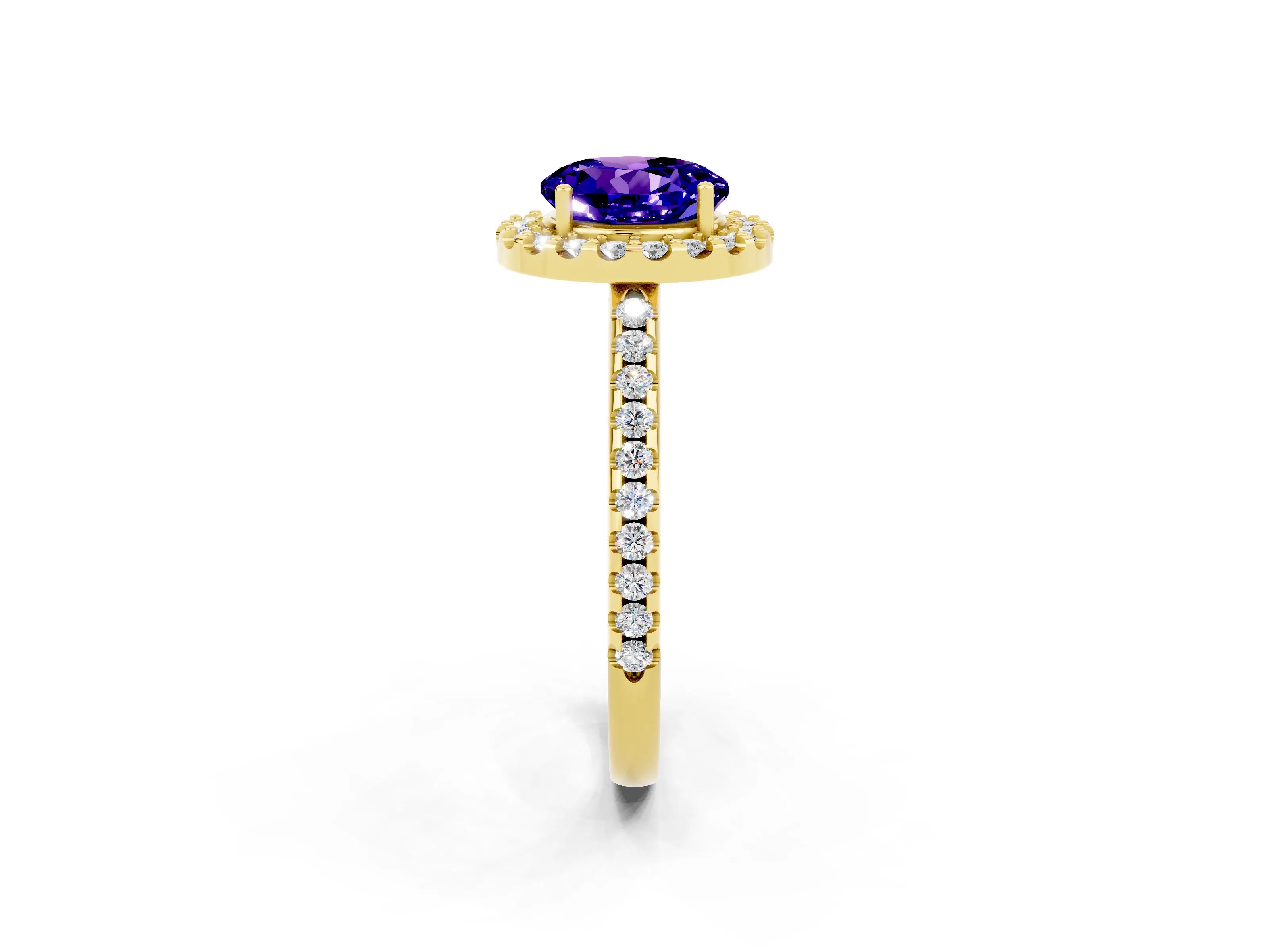 Yellow gold Round Cut Tanzanite Pavé Halo Ring with Four-Prong Setting_14