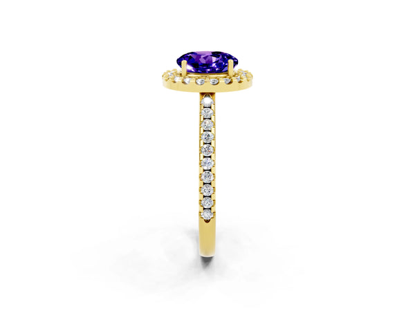 Yellow gold Round Cut Tanzanite Pavé Halo Ring with Four-Prong Setting