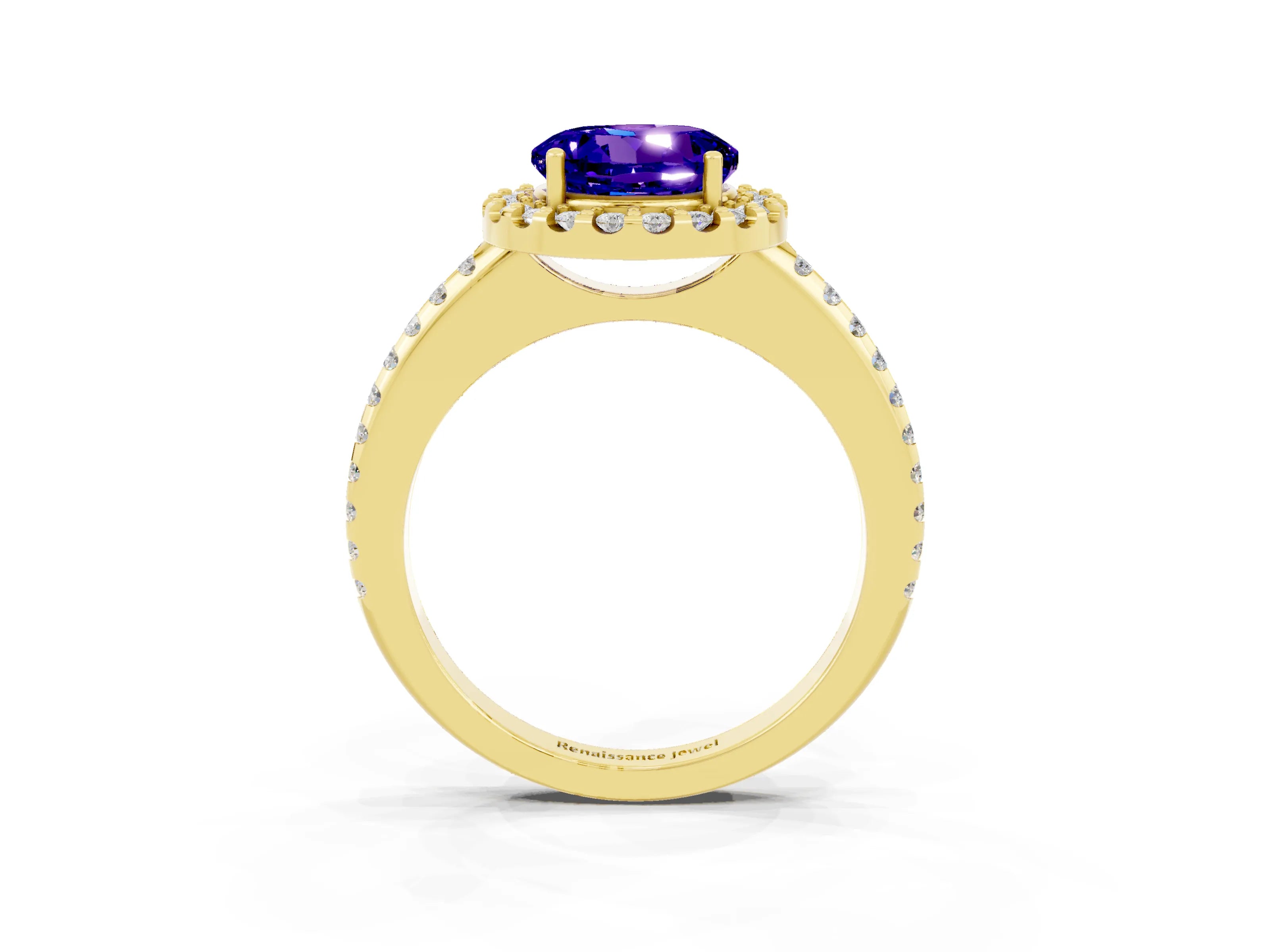 Yellow gold Round Cut Tanzanite Pavé Halo Ring with Four-Prong Setting_15