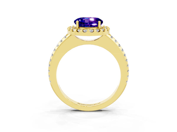 Yellow gold Round Cut Tanzanite Pavé Halo Ring with Four-Prong Setting