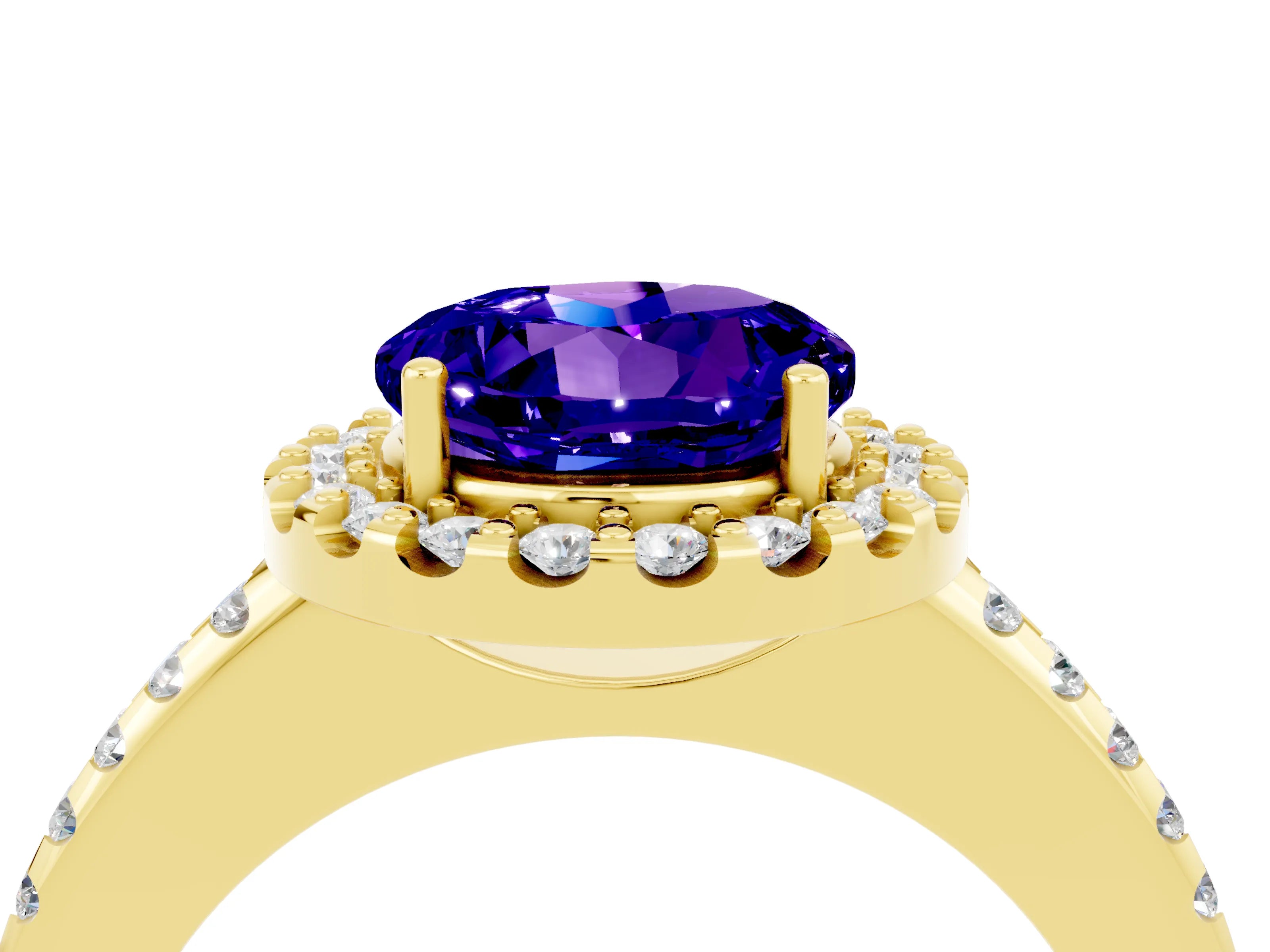 Yellow gold Round Cut Tanzanite Pavé Halo Ring with Four-Prong Setting_16