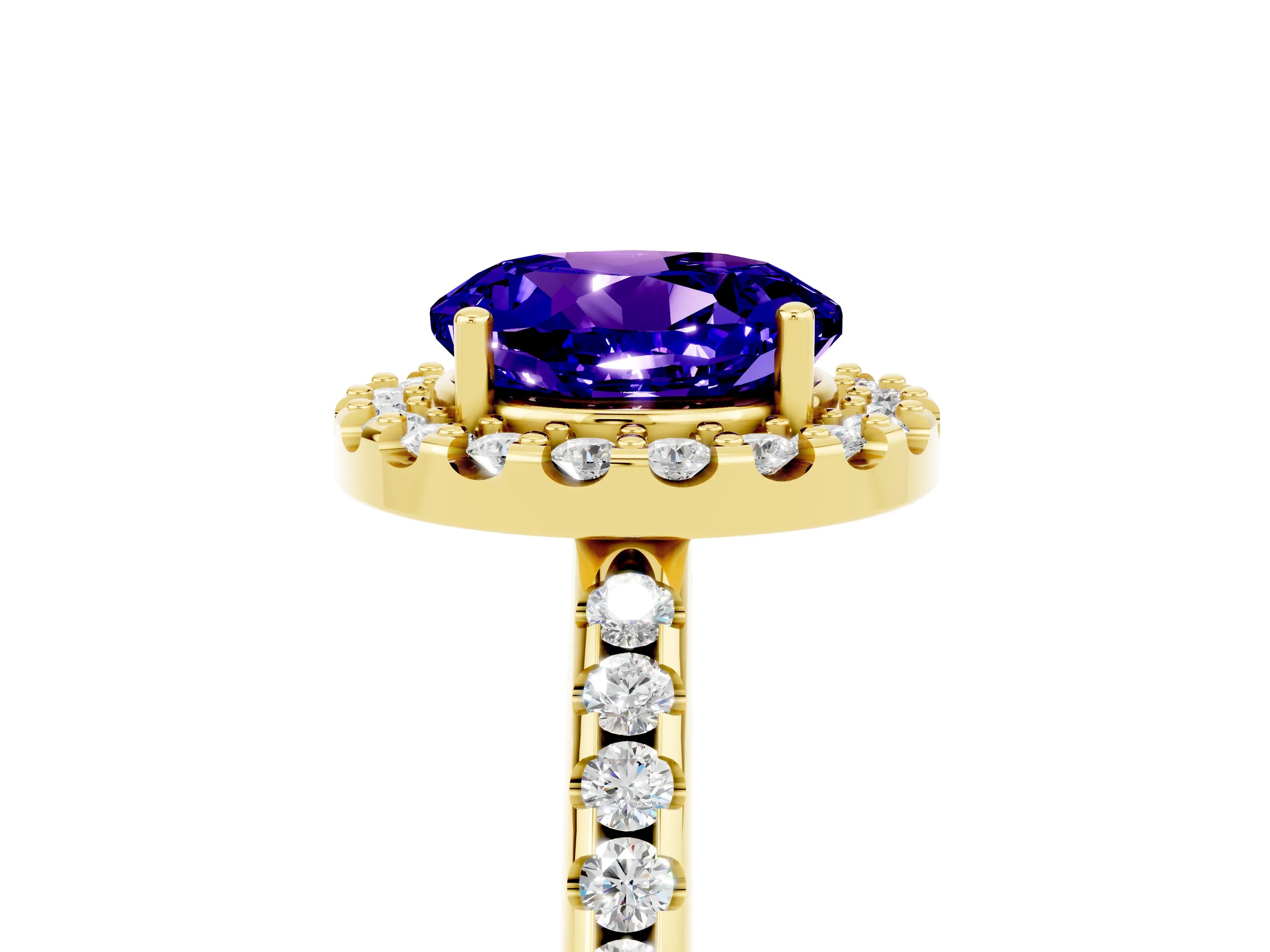 Yellow gold Round Cut Tanzanite Pavé Halo Ring with Four-Prong Setting_17