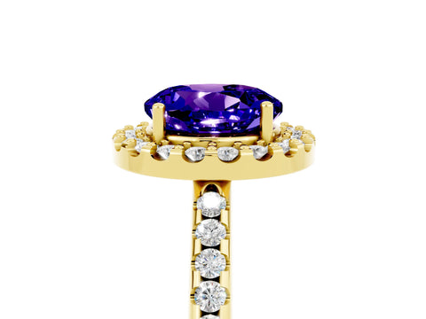 Yellow gold Round Cut Tanzanite Pavé Halo Ring with Four-Prong Setting_17