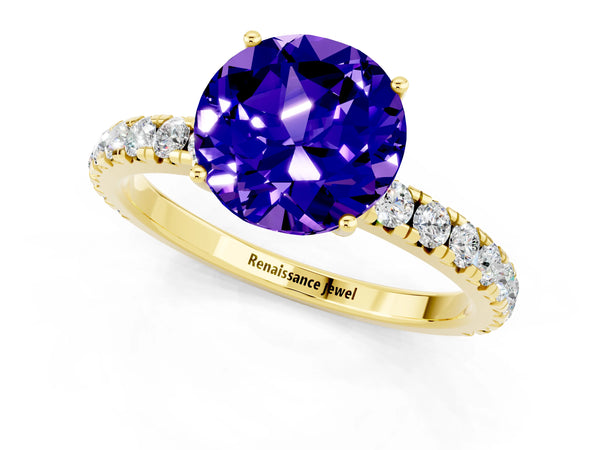 Yellow gold Round Cut Tanzanite Pavé Solitaire Engagement Ring with Four-Prong Setting