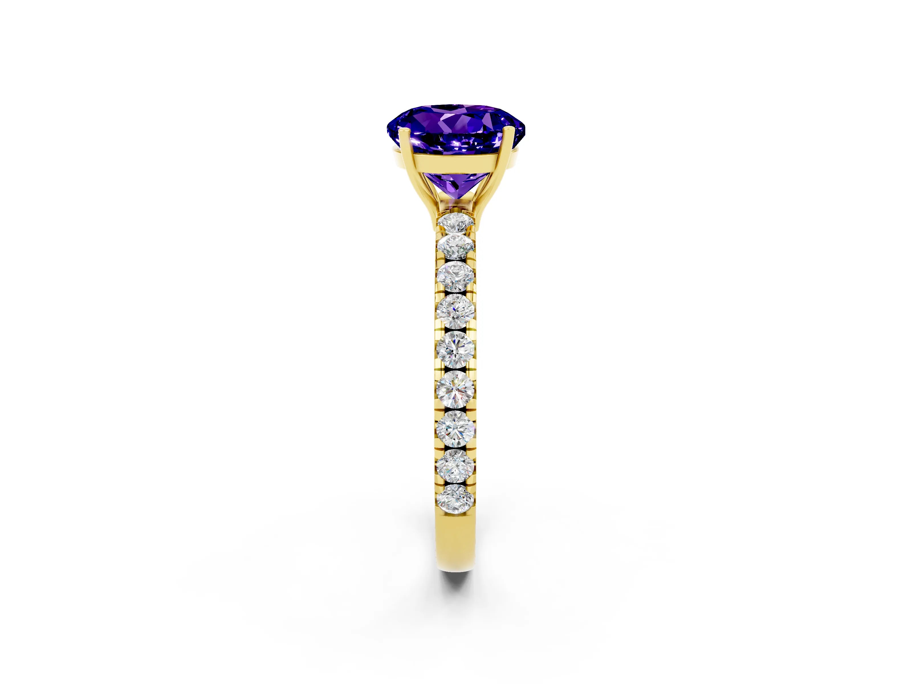 Yellow gold Round Cut Tanzanite Pavé Solitaire Engagement Ring with Four-Prong Setting_14