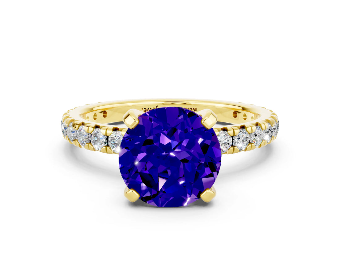 Yellow gold Round Cut Tanzanite Pavé Solitaire Ring with Round Band and Prong Setting_24