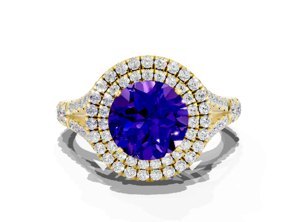 Yellow gold Round Cut Tanzanite Pavé Split Shank Double Halo Engagement Ring