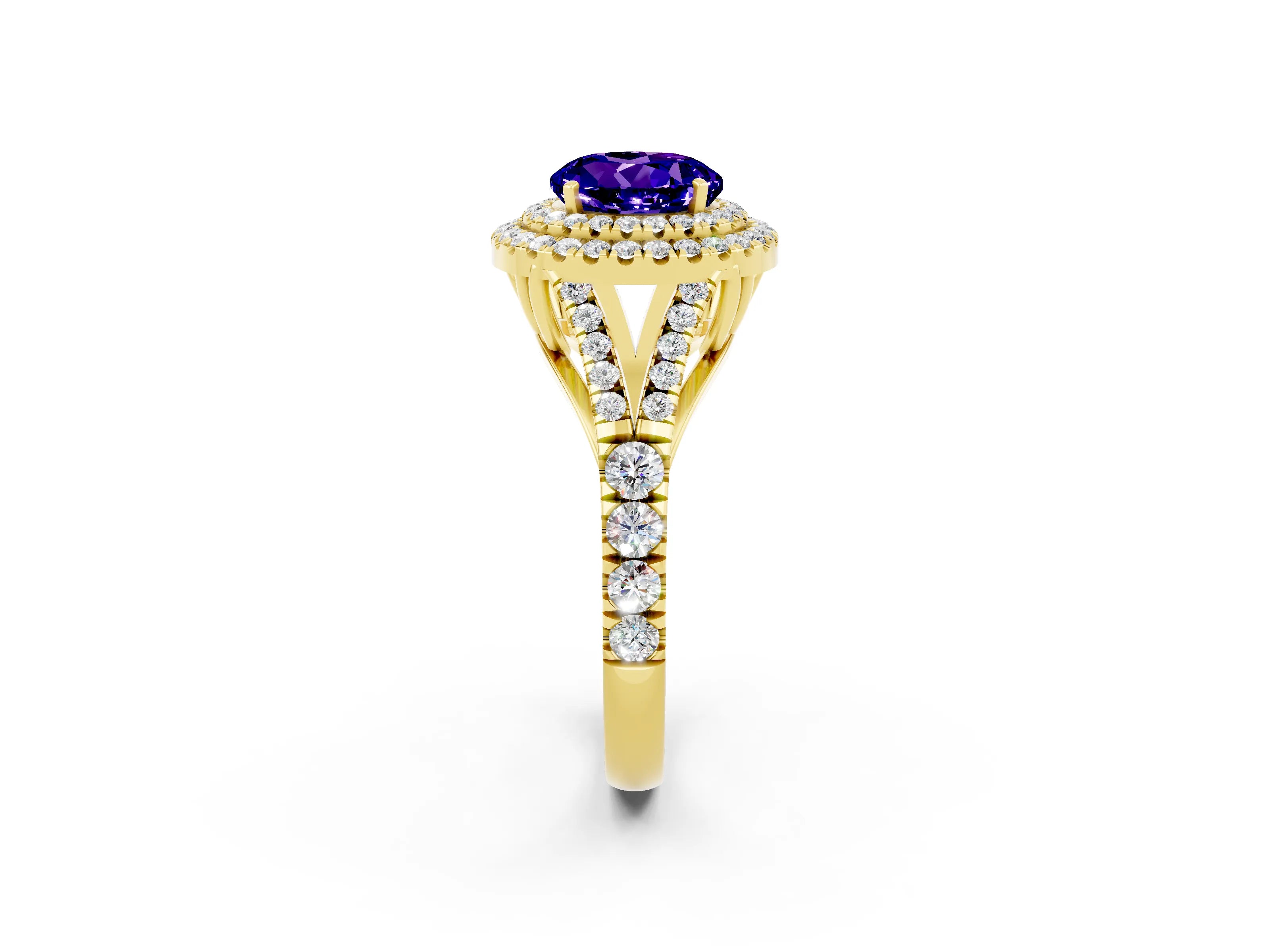 Yellow gold Round Cut Tanzanite Pavé Split Shank Double Halo Engagement Ring_2