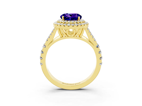 Yellow gold Round Cut Tanzanite Pavé Split Shank Double Halo Engagement Ring