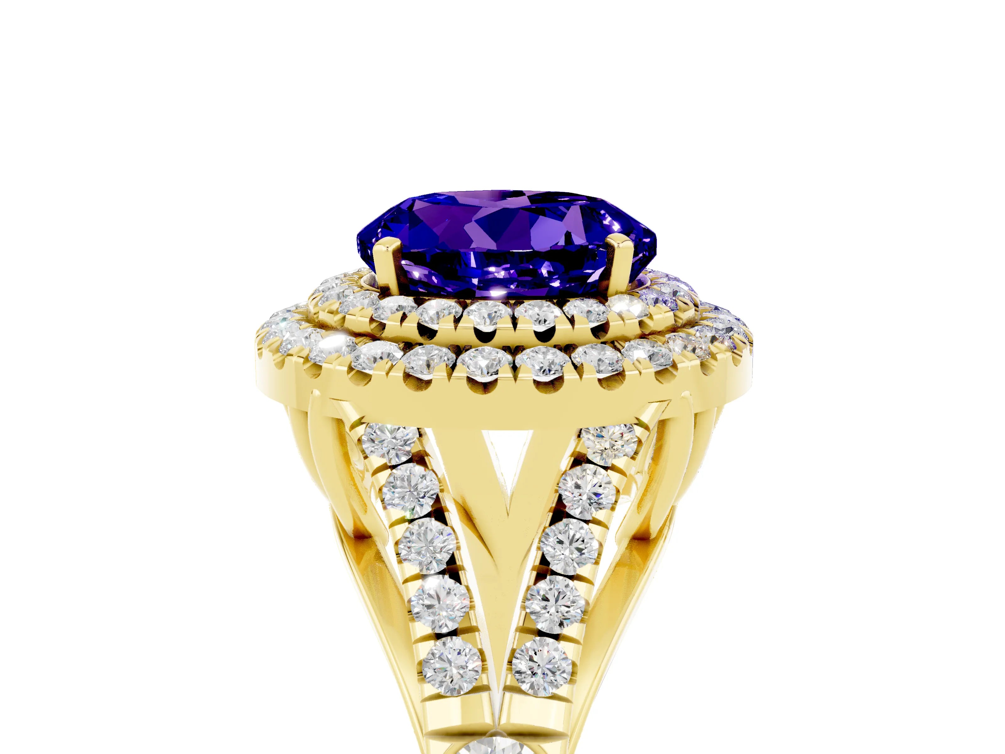 Yellow gold Round Cut Tanzanite Pavé Split Shank Double Halo Engagement Ring_5