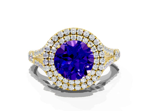 Yellow gold Round Cut Tanzanite Pavé Split Shank Double Halo Engagement Ring