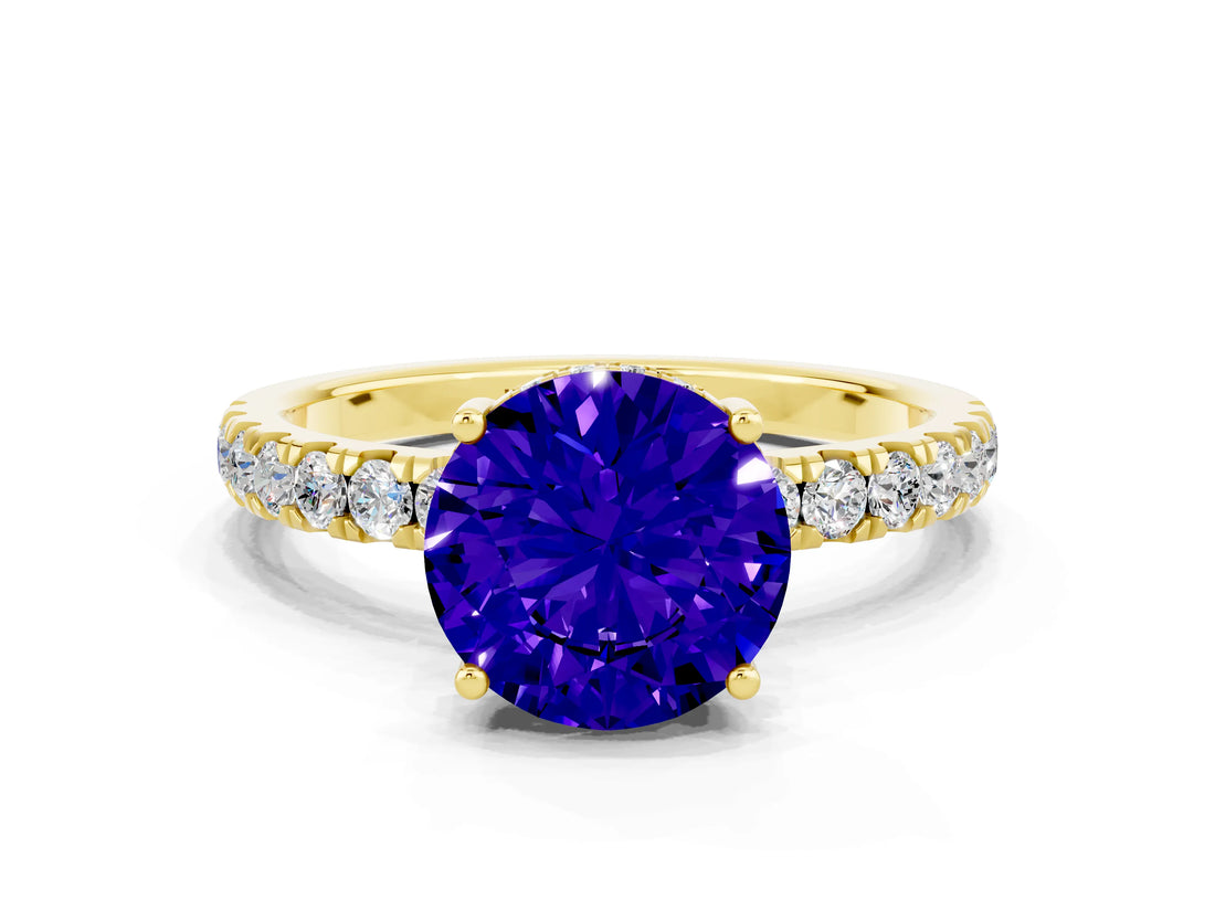 Yellow gold Round Cut Tanzanite Pave Band Solitaire Ring with Four-Prong Setting_24