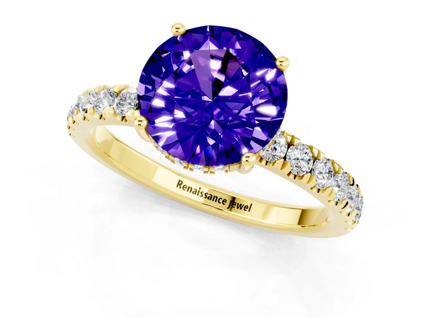Yellow gold Round Cut Tanzanite Pave Band Solitaire Ring with Round  and Prong Setting