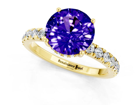 Yellow gold Round Cut Tanzanite Pave Band Solitaire Ring with Four-Prong Setting_25