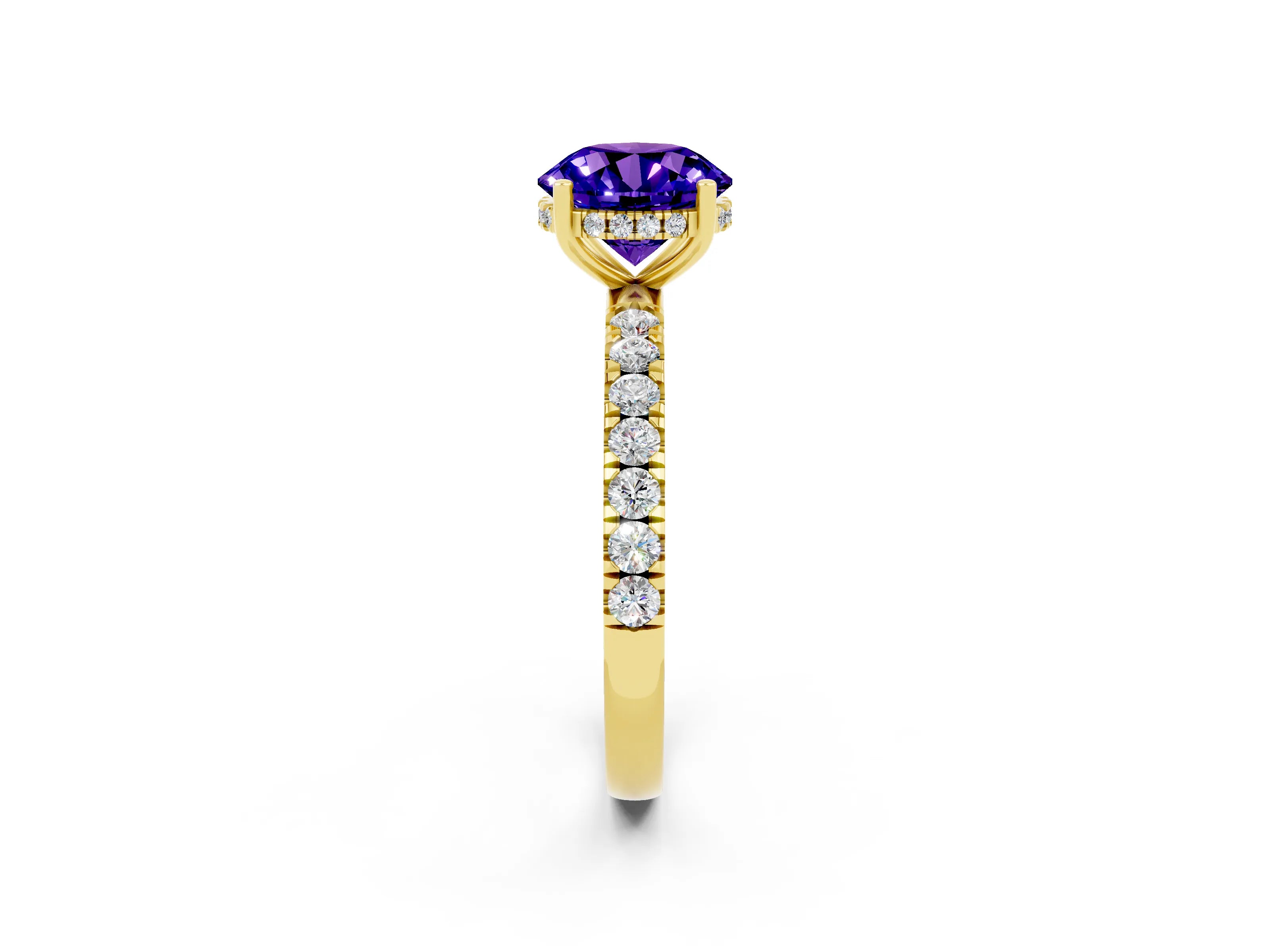 Yellow gold Round Cut Tanzanite Pave Band Solitaire Ring with Four-Prong Setting_26