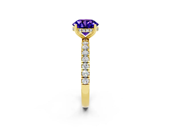 Yellow gold Round Cut Tanzanite Pave Band Solitaire Ring with Round  and Prong Setting