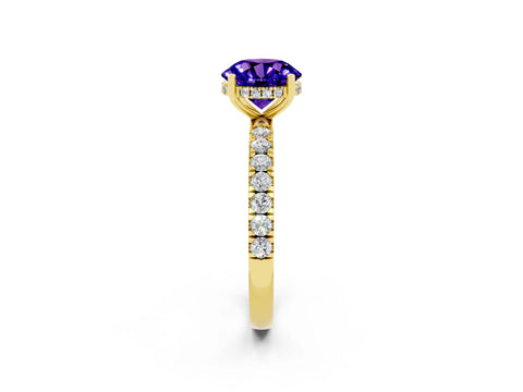 Yellow gold Round Cut Tanzanite Pave Band Solitaire Ring with Four-Prong Setting_26