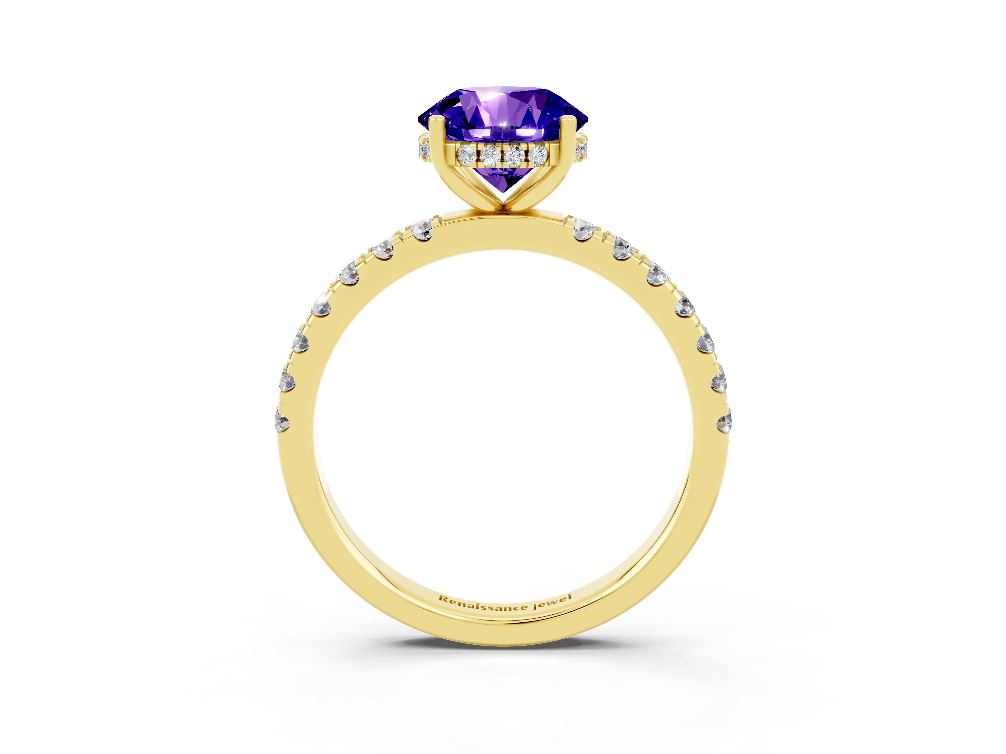 Yellow gold Round Cut Tanzanite Pave Band Solitaire Ring with Four-Prong Setting_27