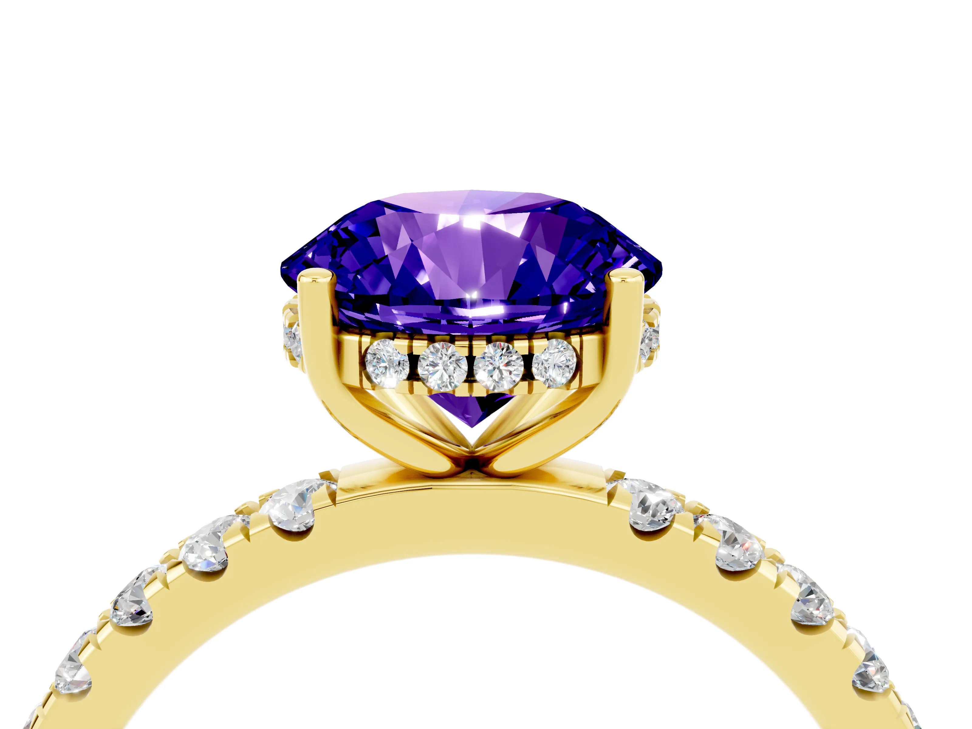 Yellow gold Round Cut Tanzanite Pave Band Solitaire Ring with Four-Prong Setting_28