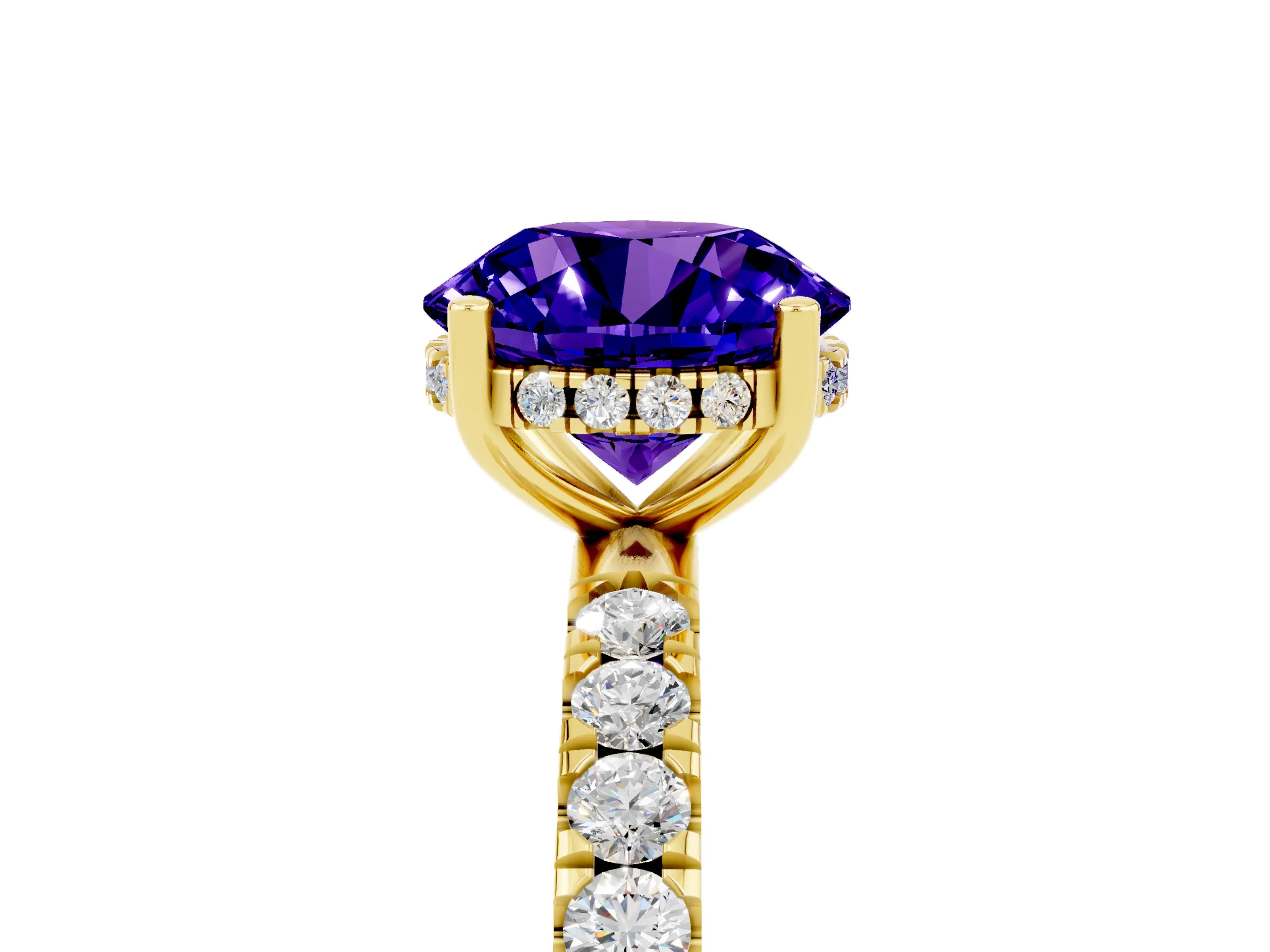 Yellow gold Round Cut Tanzanite Pave Band Solitaire Ring with Four-Prong Setting_29