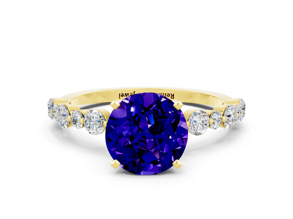 Yellow gold Round Cut Tanzanite Prong Set Engagement Ring with Pavé Band