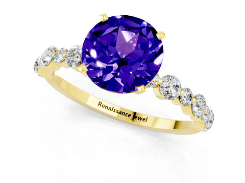 Yellow gold Round Cut Tanzanite Prong Set Engagement Ring with Pavé Band_1